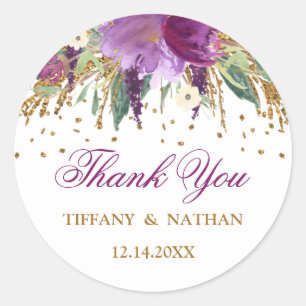 Watercolor Floral Sparkling Amethyst Wedding Classic Round Sticker