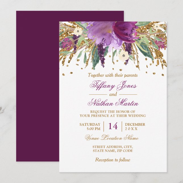 Watercolor Floral Sparkling Amethyst Wedding Invitation (Front/Back)