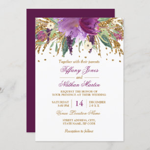 Watercolor Floral Sparkling Amethyst Wedding Invitation