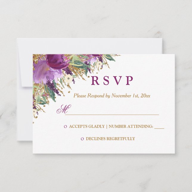 Watercolor Floral Sparkling Amethyst Wedding RSVP (Front)