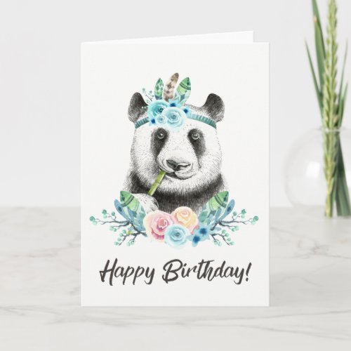 Watercolor Floral Spray Boho Panda Happy Birthday Card