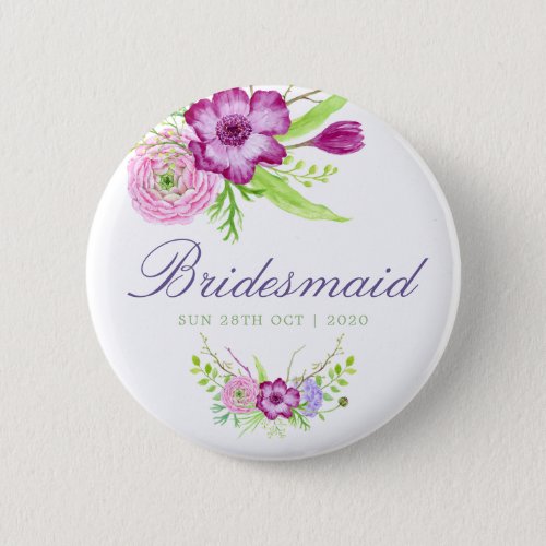 Watercolor Floral Spring 2018 Wedding Bridesmaid Button