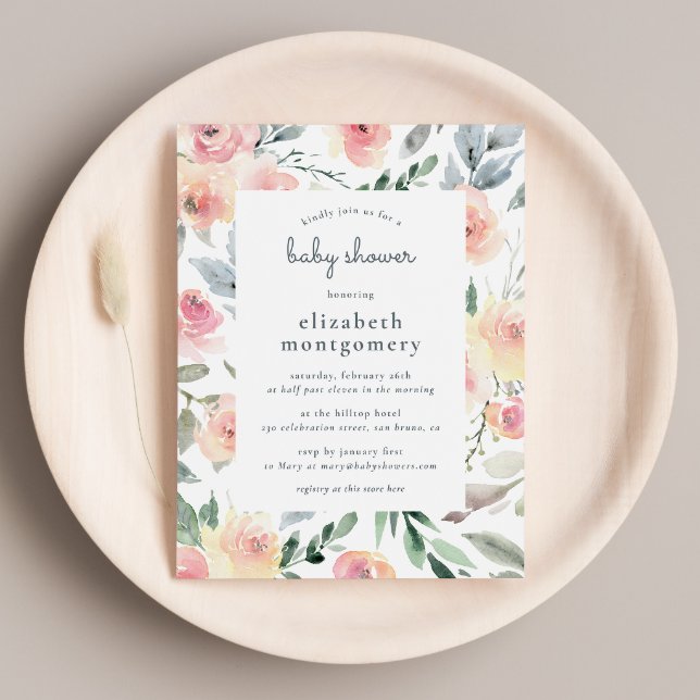 Watercolor Floral Spring Baby Girl Baby Shower Invitation Postcard