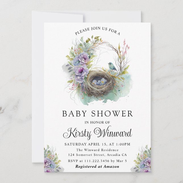 Watercolor Floral Spring Bird Nest Baby Shower Invitation (Front)