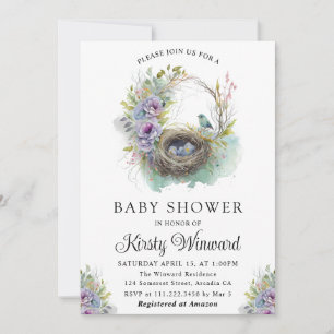 Watercolor Floral Spring Bird Nest Baby Shower Invitation