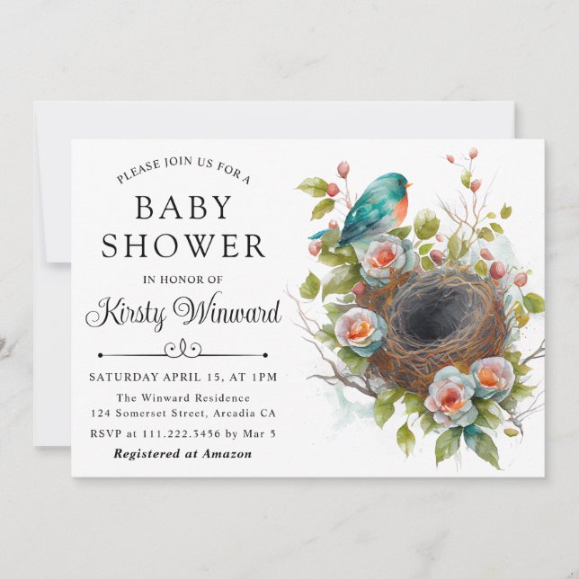 Watercolor Floral Spring Bird Nest Baby Shower Invitation (Front)