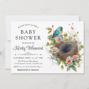 Watercolor Floral Spring Bird Nest Baby Shower Invitation