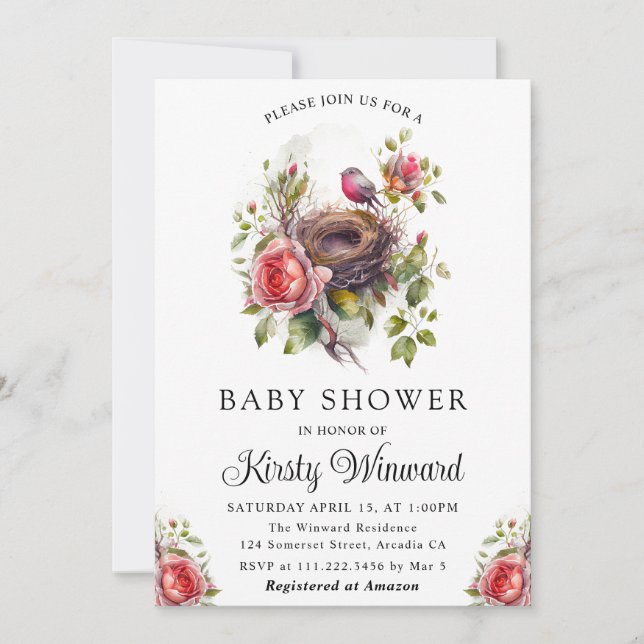 Watercolor Floral Spring Bird Nest Baby Shower Invitation (Front)