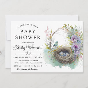 Watercolor Floral Spring Bird Nest Baby Shower Invitation