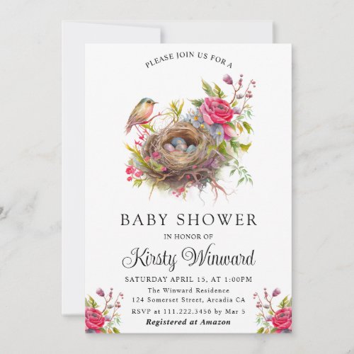 Watercolor Floral Spring Bird Nest Baby Shower Invitation