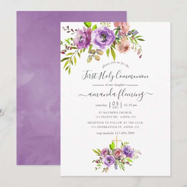 Watercolor Floral Spring First Holy Communion Invitation (Front/Back)