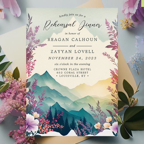Watercolor Floral Spring Mountain Rehearsal Dinner Invitation