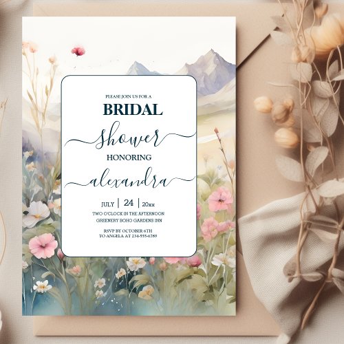Watercolor Floral Spring Mountains Bridal Shower Invitation