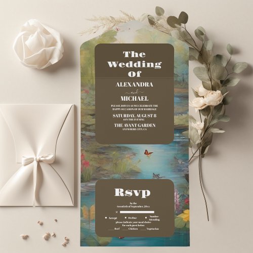 Watercolor Floral Spring Mountains Wedding  All In One Invitation