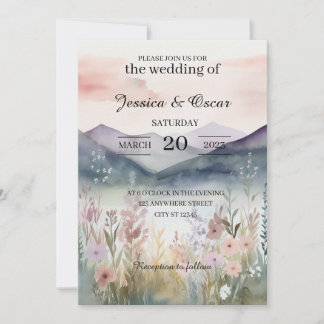 Watercolor Floral Spring Mountains Wedding Invitation