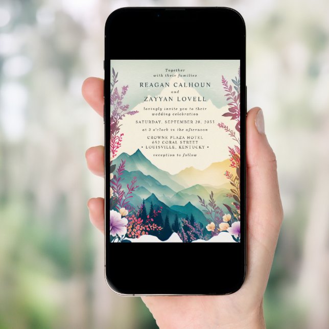 Watercolor Floral Spring Mountains Wedding Invitation (Front Digital)