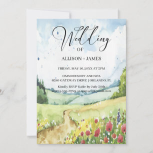 Watercolor Floral Spring Mountains Wedding Invitation