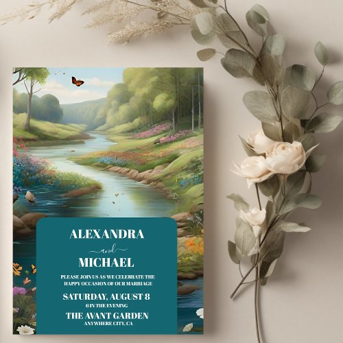 Watercolor Floral Spring Mountains Wedding  Invitation