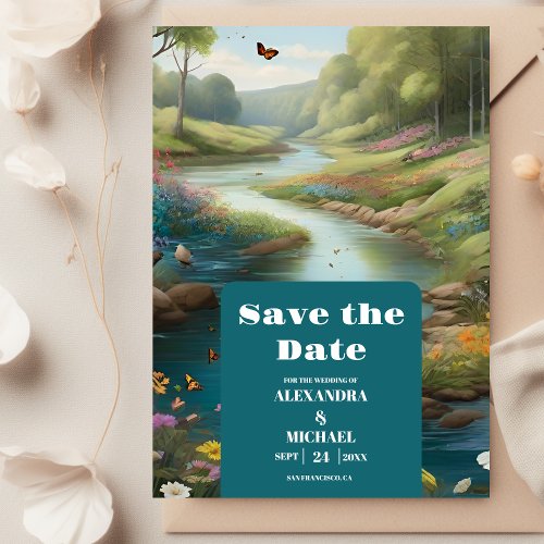 Watercolor Floral Spring Mountains Wedding  Save The Date