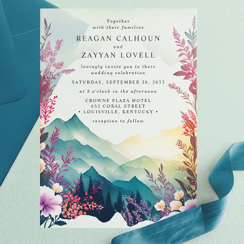 Custom Wedding 16 Watercolor Floral Spring Mountains Wedding Vellum Invitations