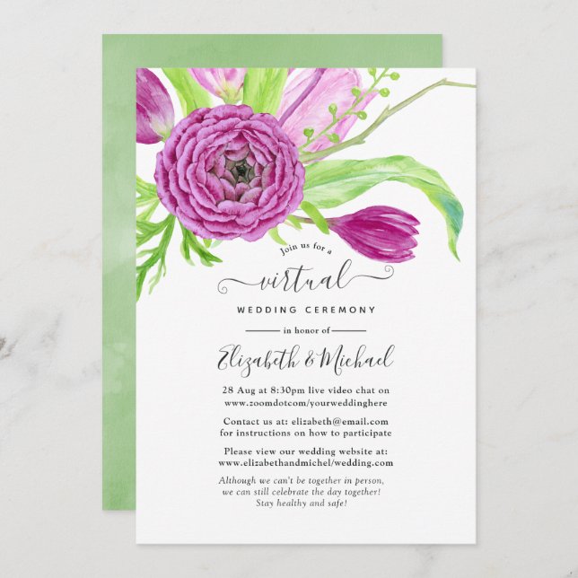 Watercolor Floral Spring Online Virtual Wedding Invitation (Front/Back)