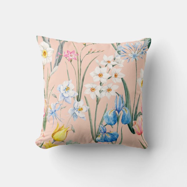Watercolor floral spring pattern, botanical illust throw pillow (Front)