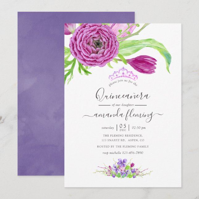 Watercolor Floral Spring Quinceañera Invitation (Front/Back)