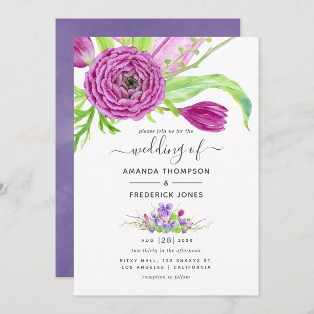Watercolor Floral Spring Wedding Invitation (Front/Back)