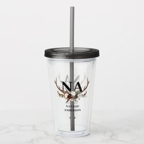 Watercolor floral stag antlers fall rustic  acrylic tumbler