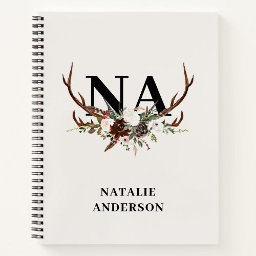 Watercolor floral stag antlers fall rustic  notebook