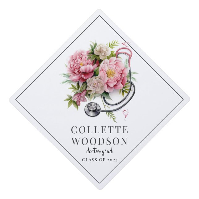 Watercolor Floral Stethoscope Doctor Graduation Cap Topper (Front)