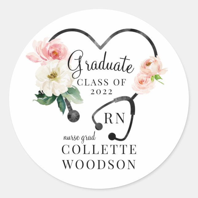 Watercolor Floral Stethoscope Nurse Graduate Classic Round Sticker (Front)