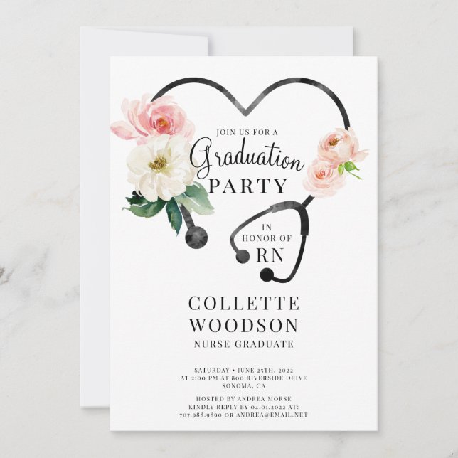 Watercolor Floral Stethoscope Nurse Graduation  Invitation (Front)