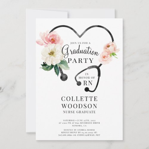 Watercolor Floral Stethoscope Nurse Graduation  Invitation