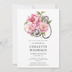 Watercolor Floral Stethoscope Nurse Graduation  Invitation