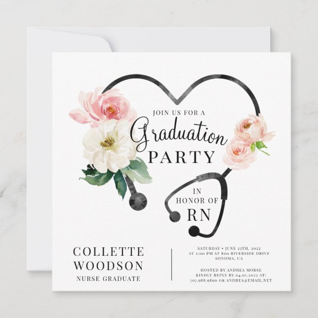 Watercolor Floral Stethoscope Nurse Graduation Invitation (Front)