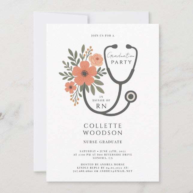 Watercolor Floral Stethoscope Nurse Graduation Invitation (Front)
