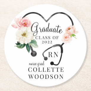 Watercolor Floral Stethoscope Nurse Graduation  Round Paper Coaster