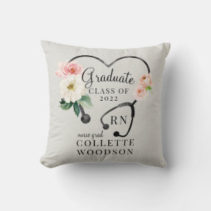 Watercolor Floral Stethoscope Nurse Graduation Throw Pillow