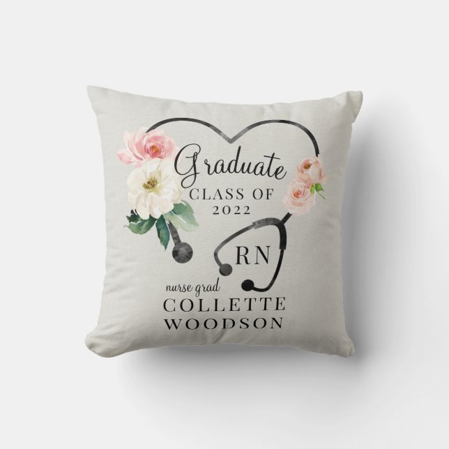 Watercolor Floral Stethoscope Nurse Graduation Throw Pillow (Front)
