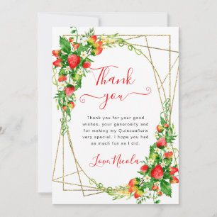Watercolor Floral Strawberries Frame Quinceanera Thank You Card