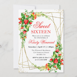 Watercolor Floral Strawberries Gold Frame Sweet 16 Invitation