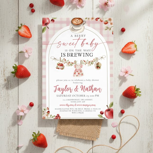 watercolor floral strawberry baby is brewing apple invitation (Creator Uploaded)