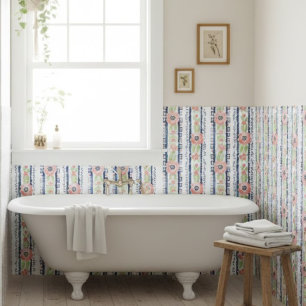 Watercolor Floral Stripe Boho Pink Navy Blue Green Ceramic Tile