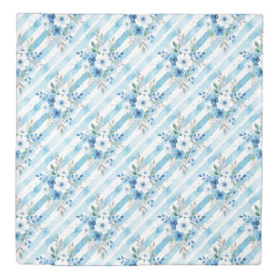 Watercolor Floral Stripe Coastal Blue White Duvet Cover