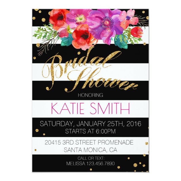 Watercolor Floral Stripe Glitter Bridal Shower Invitation