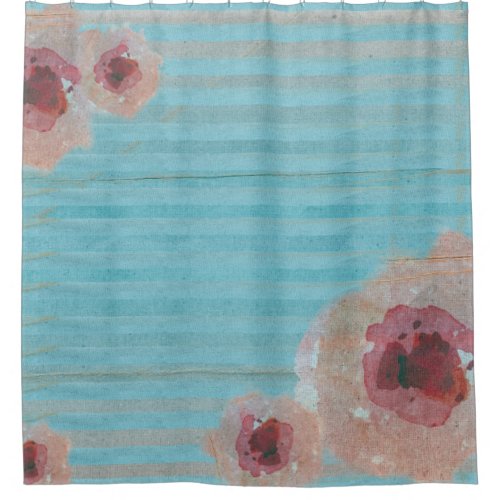 Watercolor Floral  Striped Boho  Shower Curtain