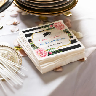 Watercolor Floral Stripes Graduation Event Paper Napkins