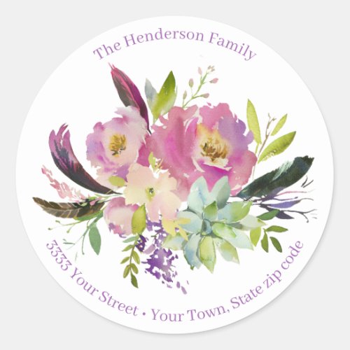 Watercolor Floral Succulent Boho Return Address Classic Round Sticker