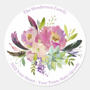Watercolor Floral Succulent Boho Return Address Classic Round Sticker